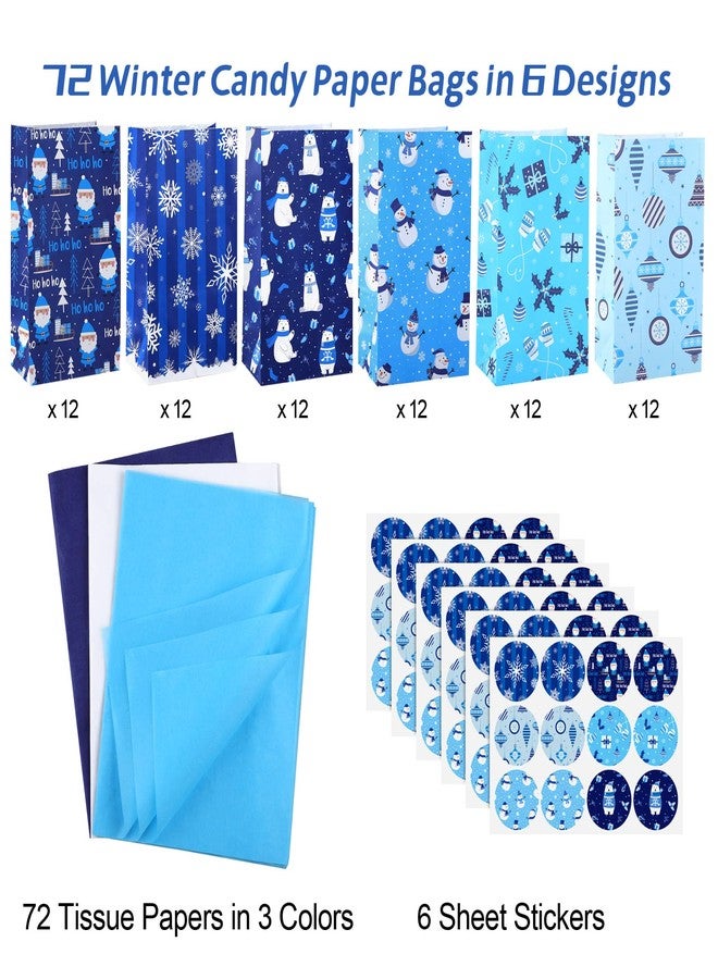 MIMIND 72 Pieces Christmas Winter Candy Paper Bags 6 Design Paper Gift Treat Bags with 72 Tissue Paper and 72 Stickers Paper Candy Gift Bags for Christmas Party Favor, 5.1 x 3.1 x 9.4 Inches - Image 4